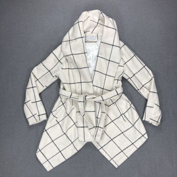 Chicwish Wool Blend Asymmetrical Coat XXS Ivory Grid Print Classic Belted Jacket - Picture 2 of 16